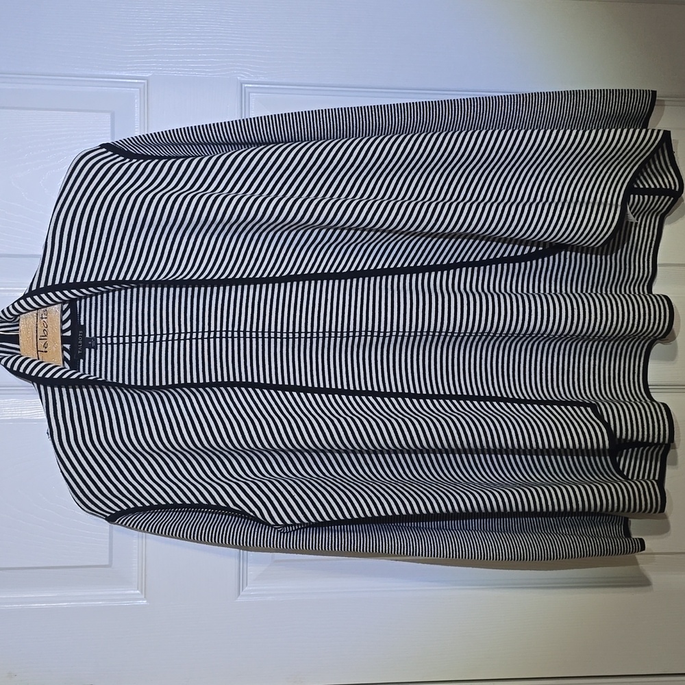 Talbots Black and White Striped Open Cardigan with Curved Hem